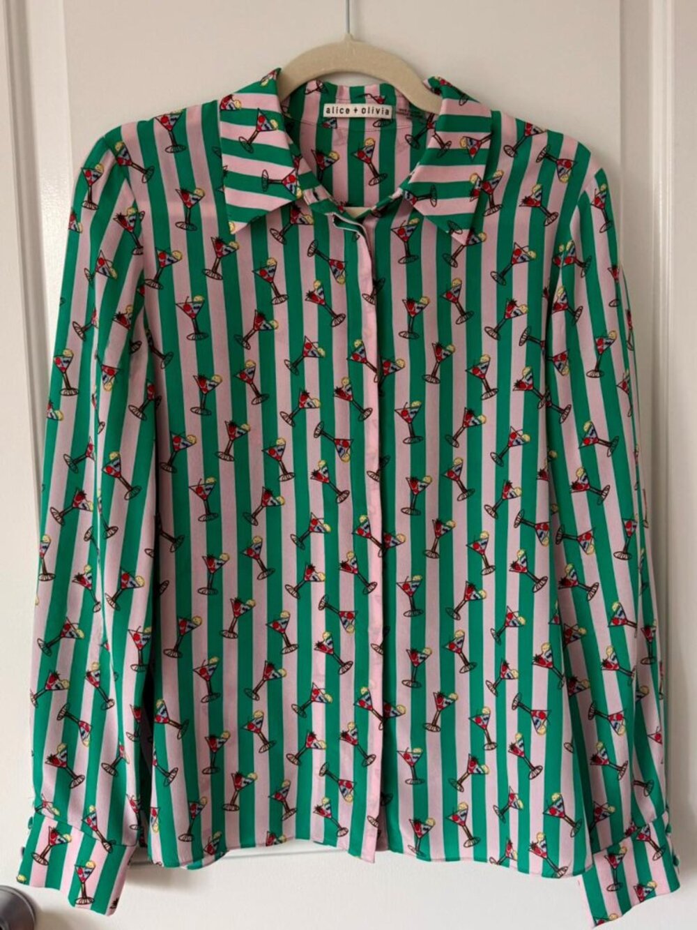 Alice + Olivia "Willa" Martini Print Silk Shirt